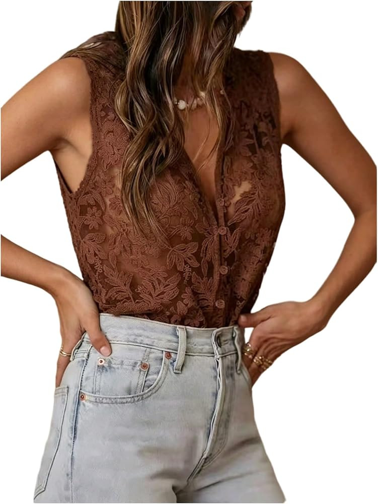 RoseSeek Women Sheer Lace Embroidered Vintage Boho Vacation Summer Tank Top | Amazon (US)