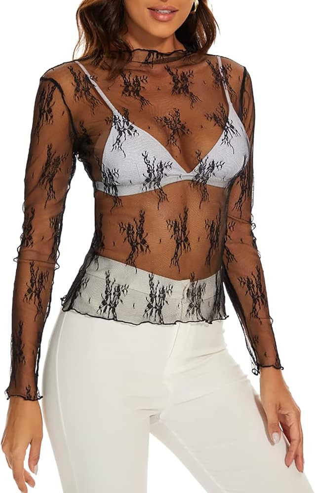 Women's Long Sleeve Mesh Top,Mock Neck Floral Embroidery Tops See Through Slim Fit Layering Tee S... | Amazon (US)