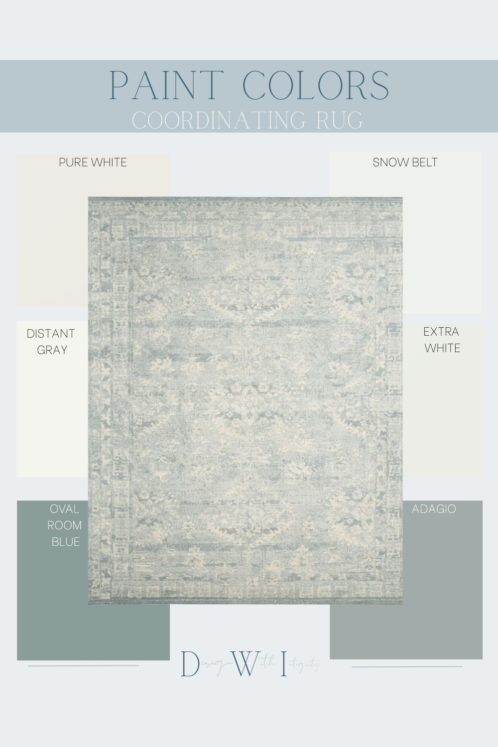 Paint Pairings for a Soft Gray and Blue Area Rug

This Paint Pairings mood board highlights a versatile area rug in muted gray-blue tones with coordinating paint colors for a fresh and timeless design. Light neutrals like Pure White, Snow Belt, and Extra White create a clean backdrop, while Distant Gray adds subtle depth. For contrast, Oval Room Blue and Adagio enhance the cool undertones of the rug. Perfect for living rooms, bedrooms, or dining spaces, this palette balances elegance and comfort. Shop the look on LTK.

#PaintPairings #AreaRugStyling #InteriorDesignIdeas #NeutralColorPalette #BlueAndGrayDesign #RugAndPaintColors #HomeDecorInspiration #InteriorDesignTips #LivingRoomDesign #BedroomDesignIdeas #LTKHome #PaintColors #HomeDecorTrends
 

 #LTKHome