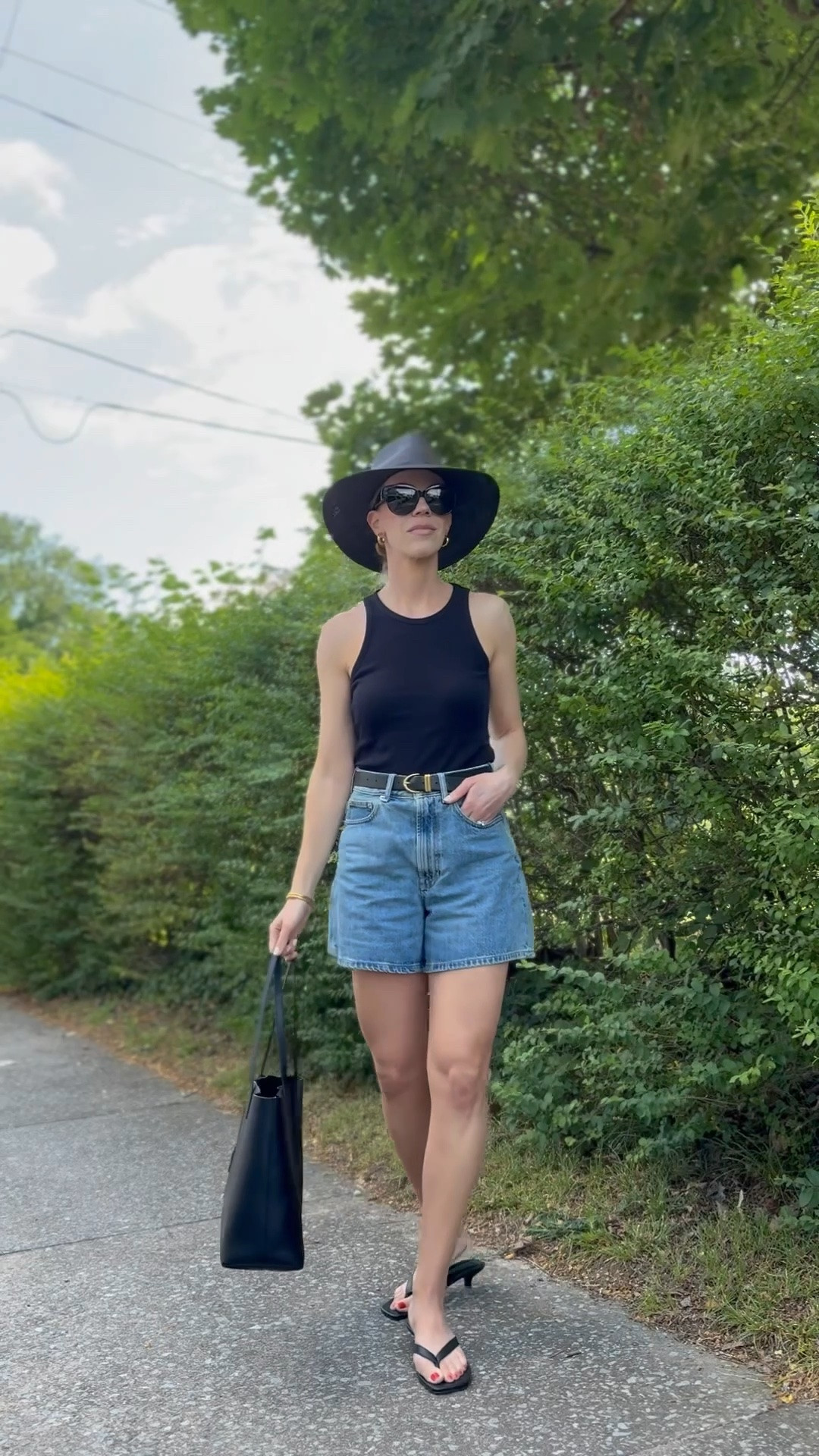 Minimal outfit, 90’s minimalism, tank and denim shorts, @Janessa Leone black straw hat, kitten heel thong sandals

#LTKSeasonal #LTKOver40 #LTKxMadewell