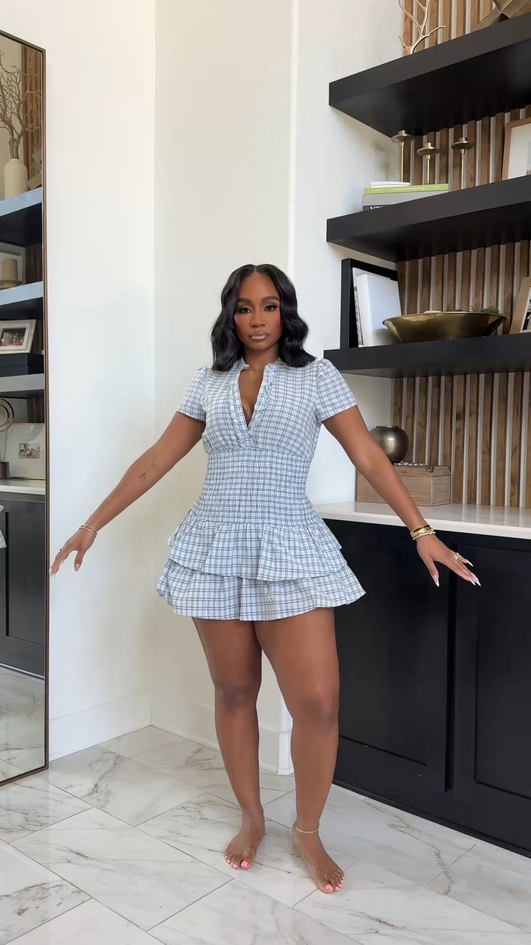 Blue and white plaid mini dress with ruffle hem! Fun and flirty! 

#LTKMidsize #LTKootd