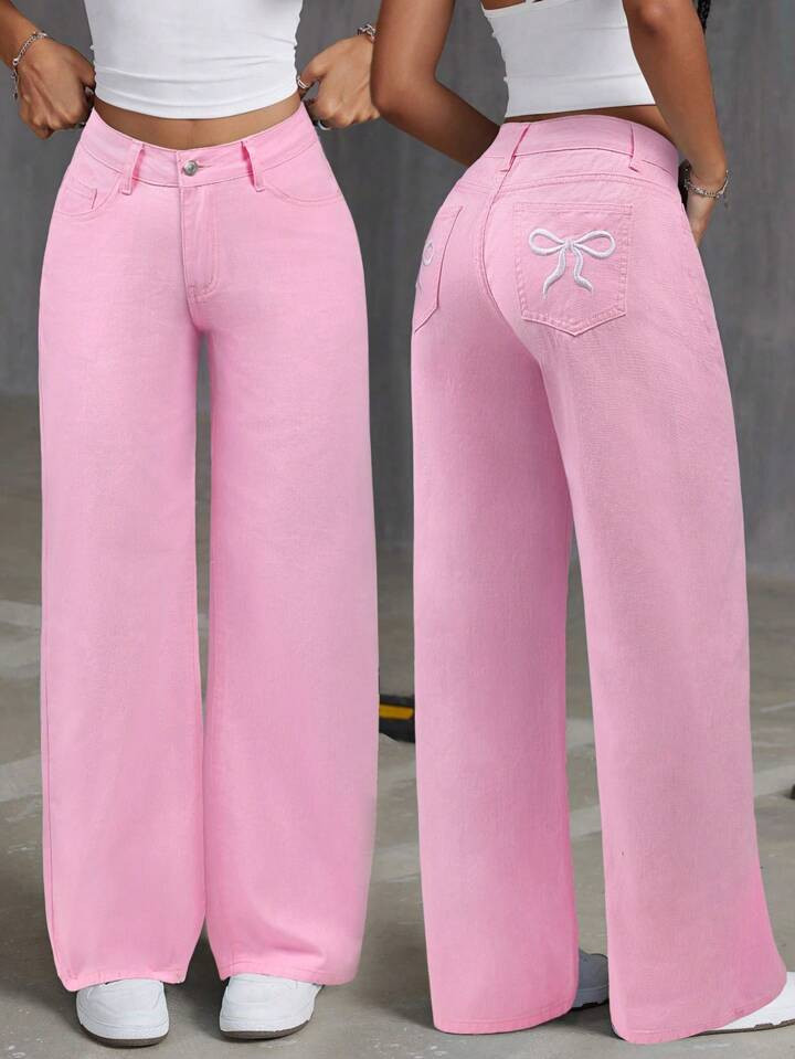 SHEIN ICON Women's Straight-Leg Embroidered Butterfly Washed Denim Jeans | SHEIN