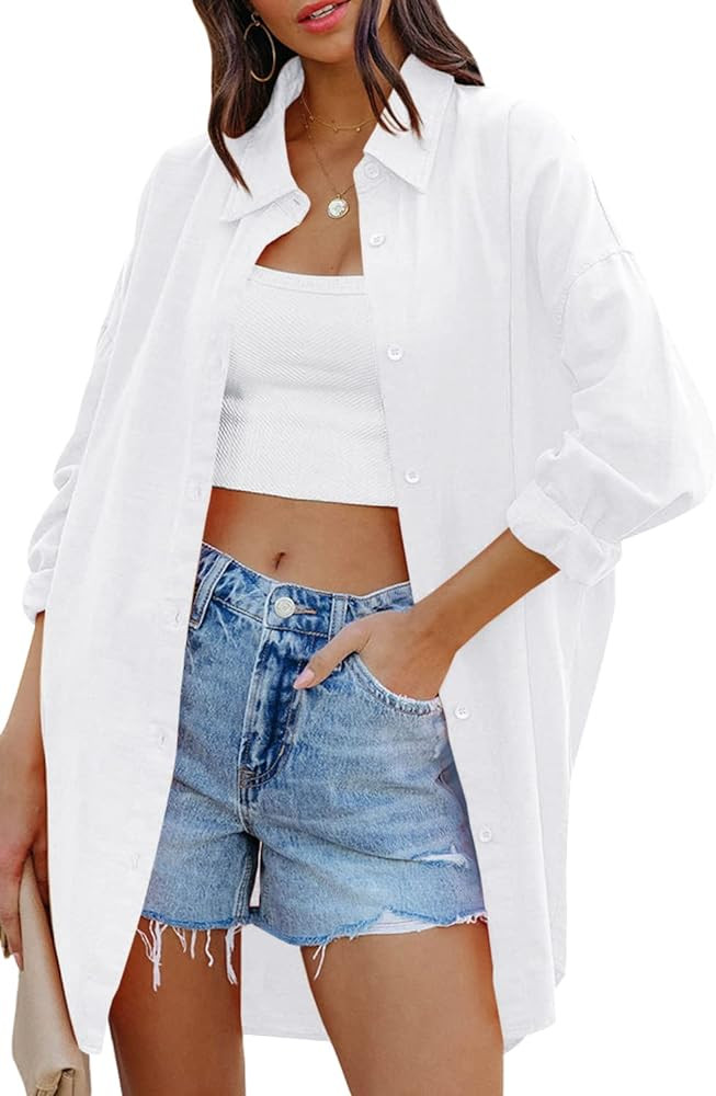FSHAOES Womens Oversized Button Down Shirts Casual Loose Long Sleeve Solid Lapel Long Blouses Top... | Amazon (US)