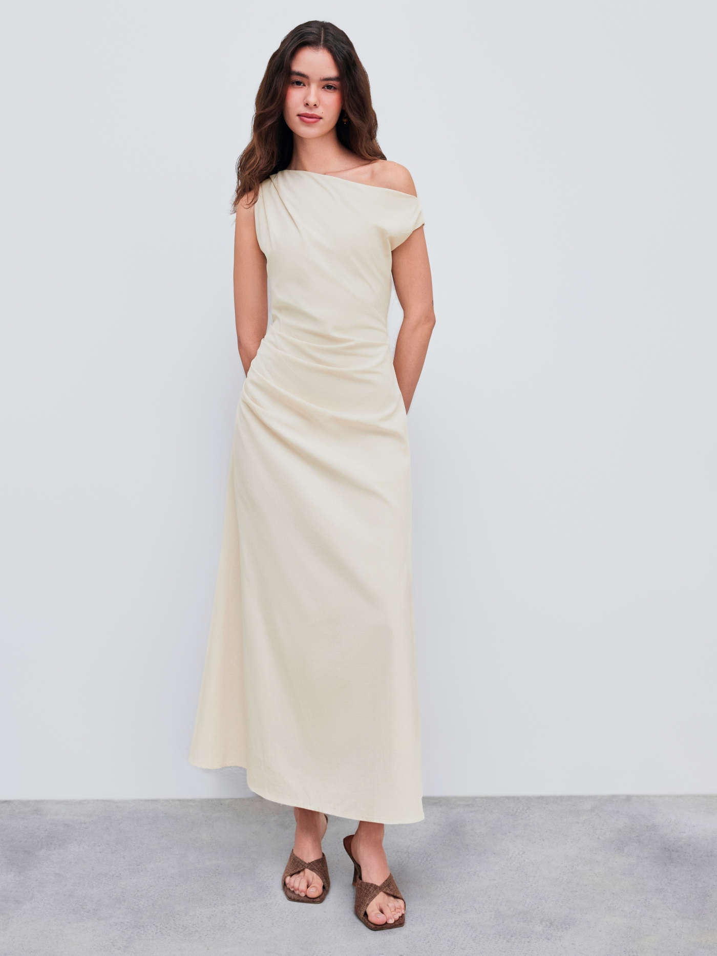 Asymmetrical Neck Solid Ruched Maxi Dress | Cider