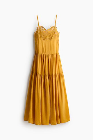 H & M - Embroidered Tiered Dress - Dark Yellow | H&M (US + CA)