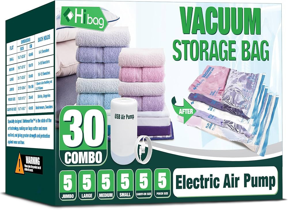 HIBAG Vacuum Storage Bags with Electric Pump, 30 Pack Vacuum Seal Space Saver Bag for Clothes, Cl... | Amazon (US)