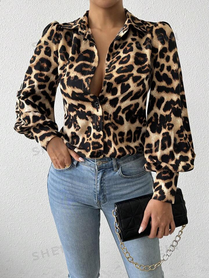 SHEIN Essnce Women's Spring/Autumn Casual Leopard Print Lantern Sleeve Blouse | SHEIN EUQS | SHEIN