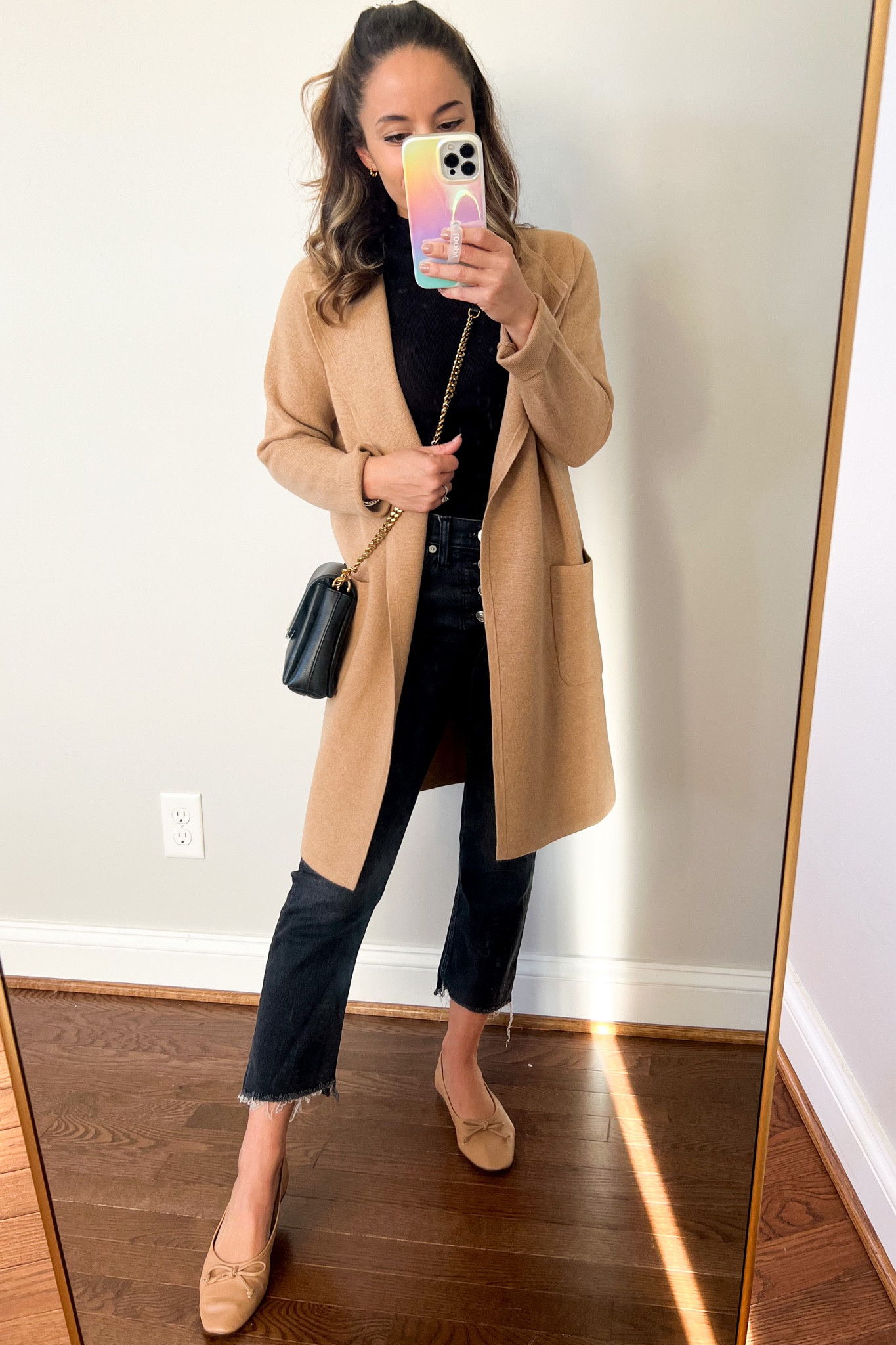 What I’m wearing today 

Top linked is similar 
Cardigan: xxs 
Jeans are a similar style (same brand and fit just an older pair): petite 24 
Shoes are true to size 