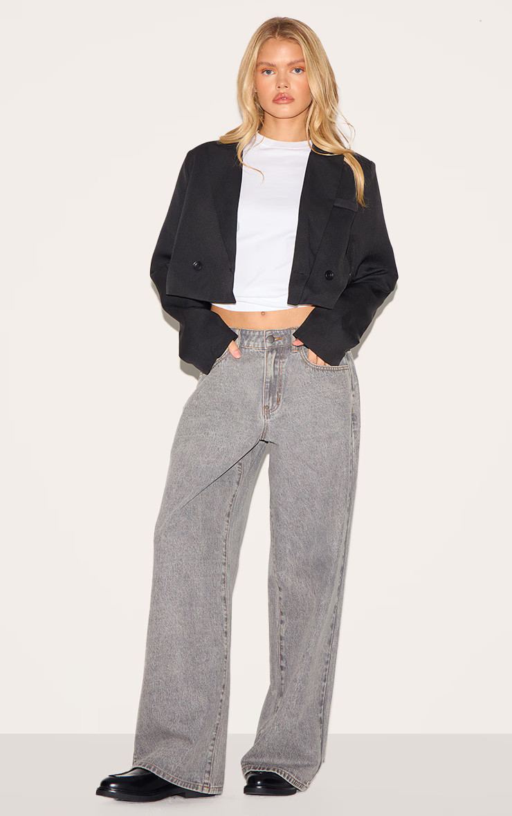 Black Woven Cropped Shoulder Padded Blazer | PrettyLittleThing US