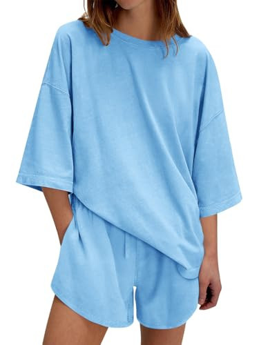 Tankaneo Womens 2 Piece Shorts Set Summer Casual Half Sleeve Tunic Tops High Waisted Shorts Lounge Outfits Blue | Amazon (US)