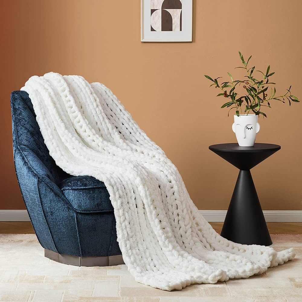 Bedfolks Chunky Knit Blanket Throw - Cream White Jumbo Chenille Yarn 100% Hand Knit, Soft and Flu... | Amazon (US)