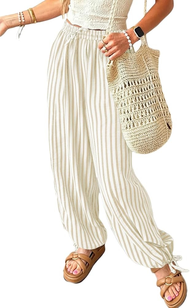 Acelitt Women Drawstring Elastic Waist Striped Pants with Pockets, S-XXL | Amazon (US)