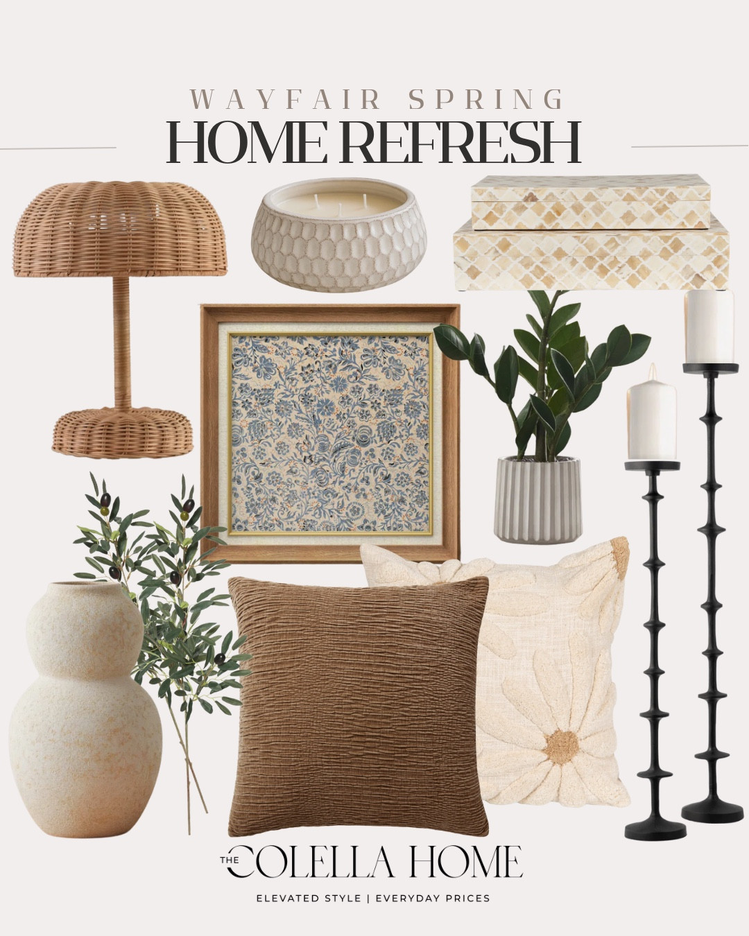Spring home refresh includes wall art, candle, candlestick holders, decorative pillows, vase, greenery stems, faux plant, decorative boxes, and table lamp.

Home decor, spring home, looks for less, home refreshments
 #ad
#Wayfair #WayfairPartner @wayfair


#LTKSeasonal #LTKHome #LTKSaleAlert