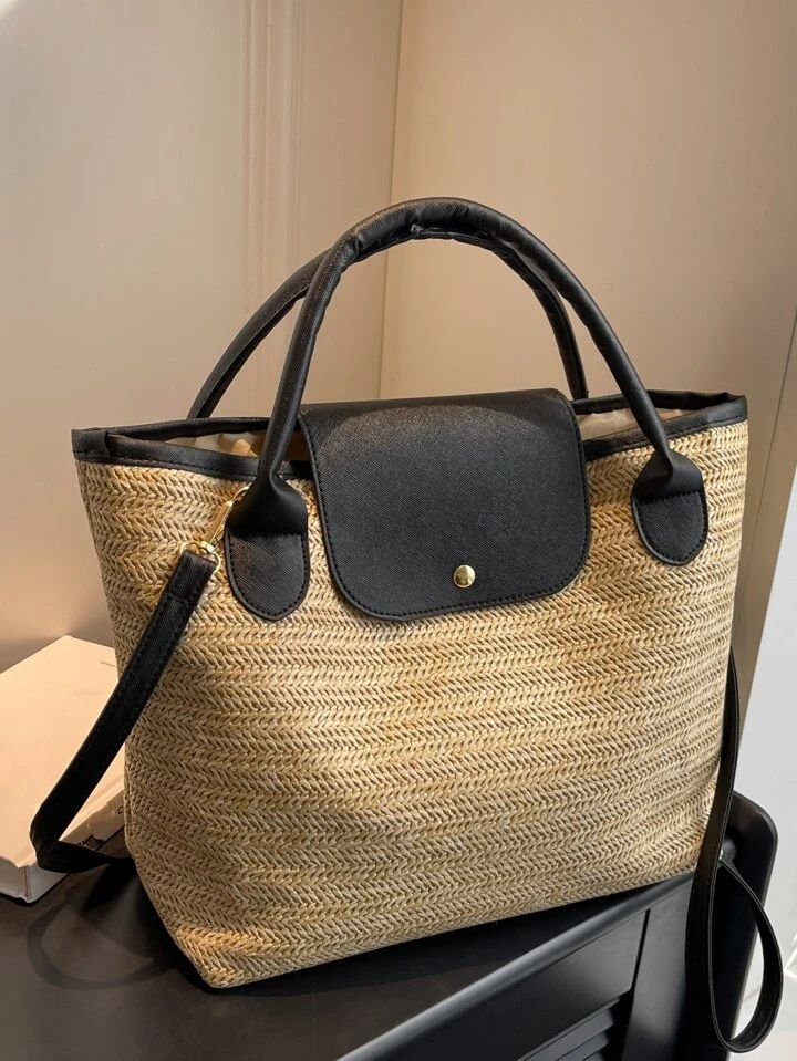 Fashion Splicing Woven Shoulder Bag Retro Casual Portable Straw Bag Beach Holiday Tote Bag | SHEIN