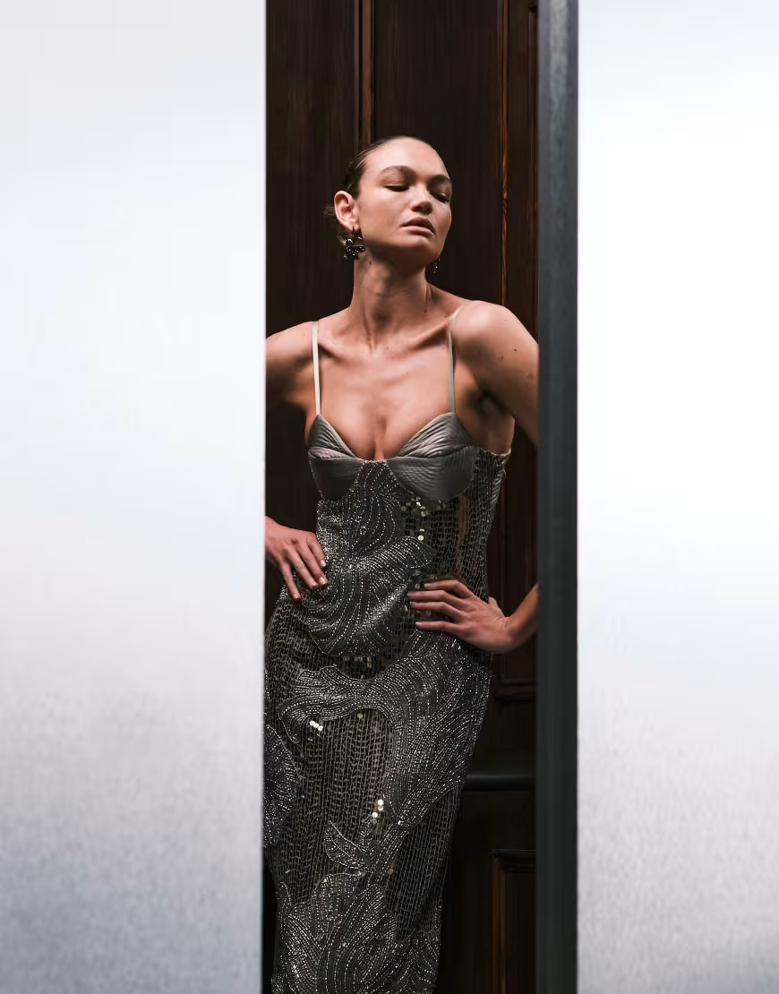 ASOS DESIGN oversized floral embellished sequin maxi dress with bust cup detail in light khaki green | ASOS (Global)