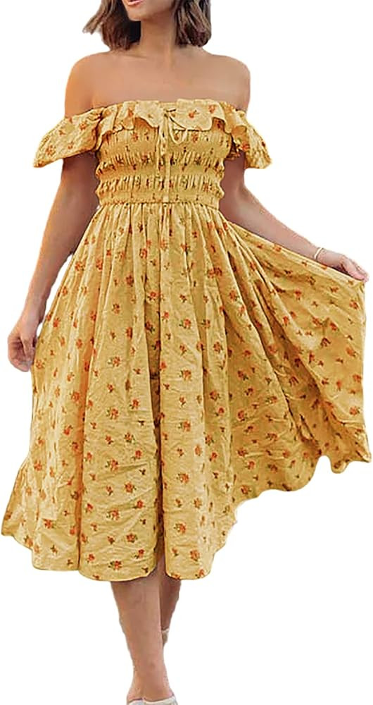 R.Vivimos Womens Summer Floral Print Puff Sleeves Vintage Ruffles Midi Dress | Amazon (US)