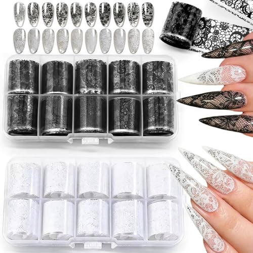 JFIYUOMCI Nail Foil Transfer Sheets, 2 Boxes/20 Rolls Black White Lace Nail Art Foil Lace Nail Stickers Design Decals Film Foils for Nails Supplies Women Manicure Decoration | Amazon (US)