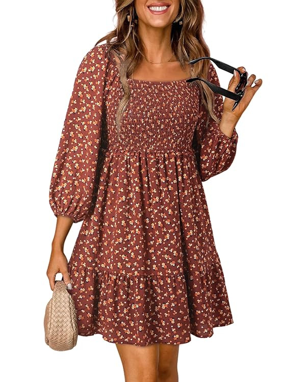 Dokotoo Womens Summer Fall Dresses 2024 Boho Floral Square Neck Smocked 3/4 Sleeve Casual A-Line ... | Amazon (US)