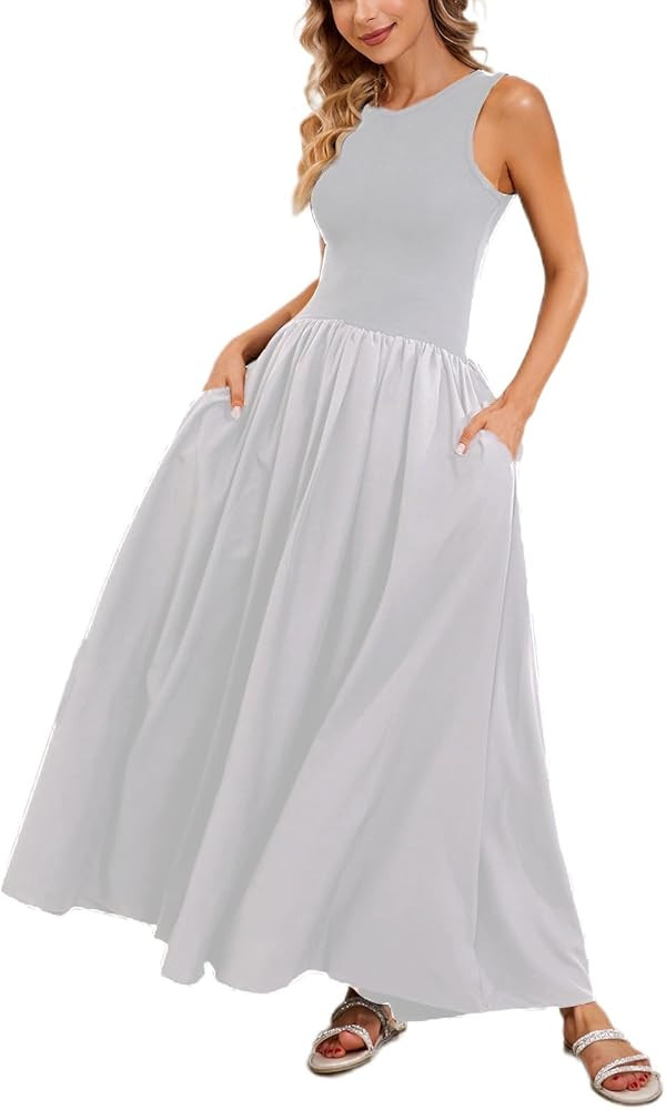 Women's Summer Casual Sleeveless Maxi Dress Crew Neck Tank Top Loose Long Formal Dress with Pocke... | Amazon (US)