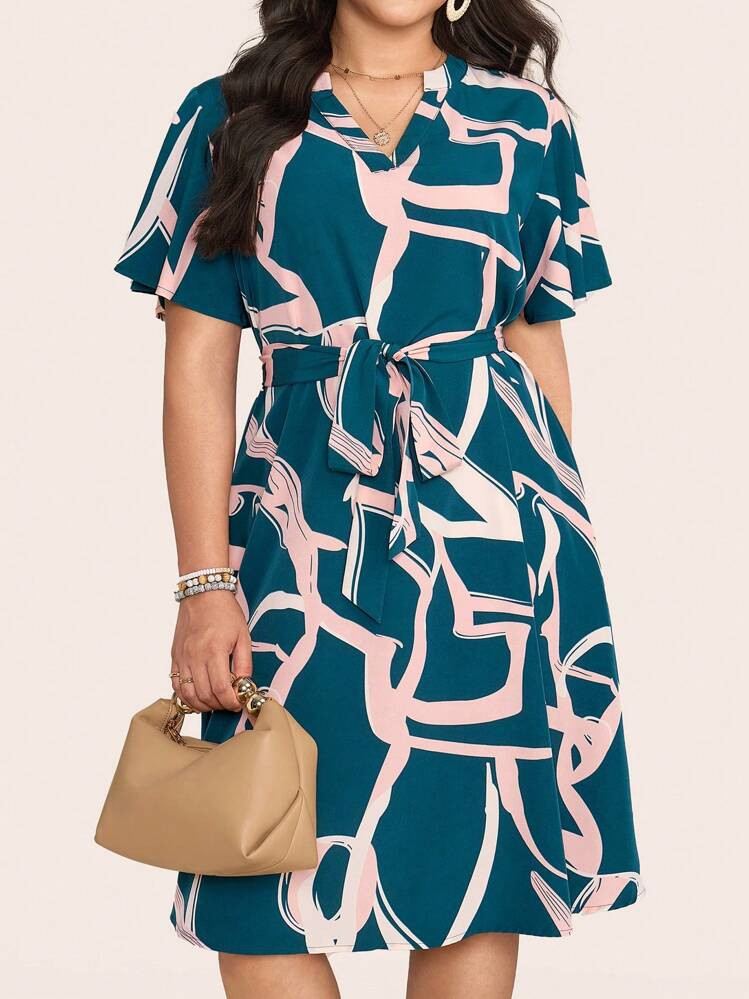 SHEIN LUNE V-Neck Flared Sleeve Tie Waist Plus Size Dress Country Concert Outfit Graduation Outfit Summer Outfits For Women Brunch Outfits For Women Mother's Day Church Outfits Women | SHEIN