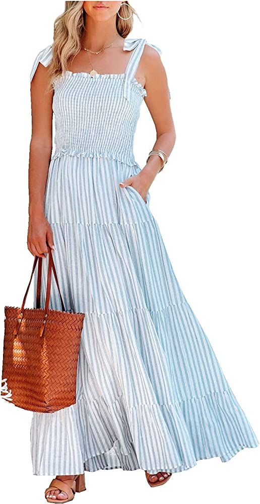 R.Vivimos Women's Summer Cotton Adjustable Straps Boho Stripe Casual Flowy A Line Midi Dress with Po | Amazon (US)