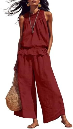 Tanming Women's Linen 2 Piece Outfits Sleeveless Ruffle Top Wide Leg Pants Summer Loungewear Beac... | Amazon (US)
