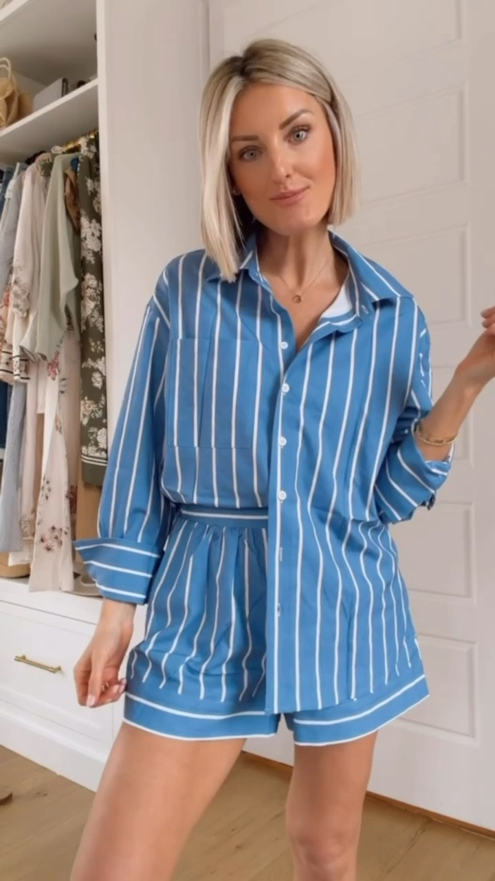 Can you believe this set is from Amazon?! I am obsessed 😍 Blue and white stripes are the ultimate classic spring/summer pattern. Each piece can easily be mixed and matched with pieces you already own and this would be great as a cover up as well! Wearing size S

Loverly grey, Amazon style finds, matching women’s shorts set, resort wear look inspo, spring capsule affordable, button down set

#LTKSeasonal #LTKTravel
