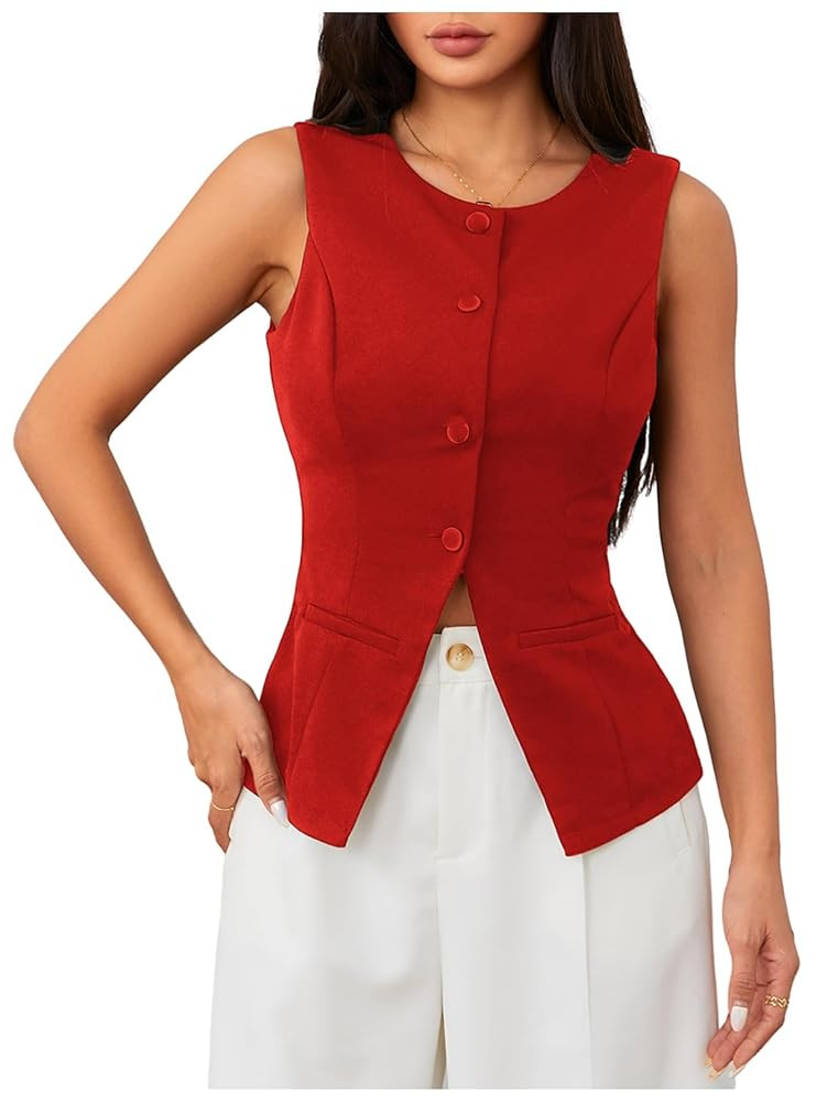 MakeMeChic Women's Vest Top Sleeveless Blazer Split Hem Button Down Dressy Suit Vest Outerwear Wa... | Amazon (US)