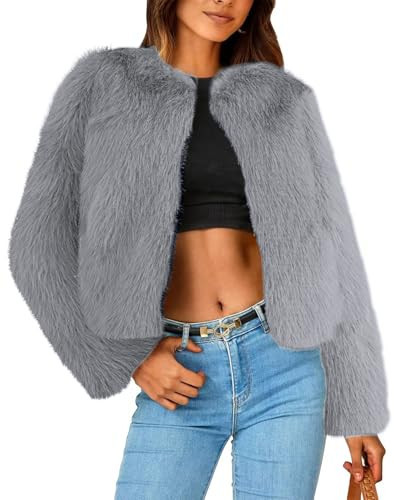 Simplee Women's Faux Fur Coat Furry Cropped Jacket Long Sleeve Warm Open Front Fur Jackets Grey M | Amazon (US)