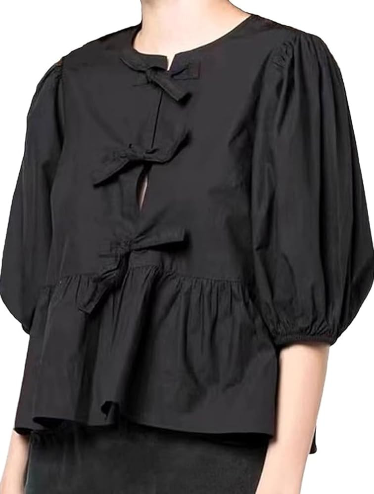 Women Leopard Print Y2K Puff Short Sleeve Peplum Shirts Tie Front Ruffle Babydoll Blouse Tops Sum... | Amazon (US)