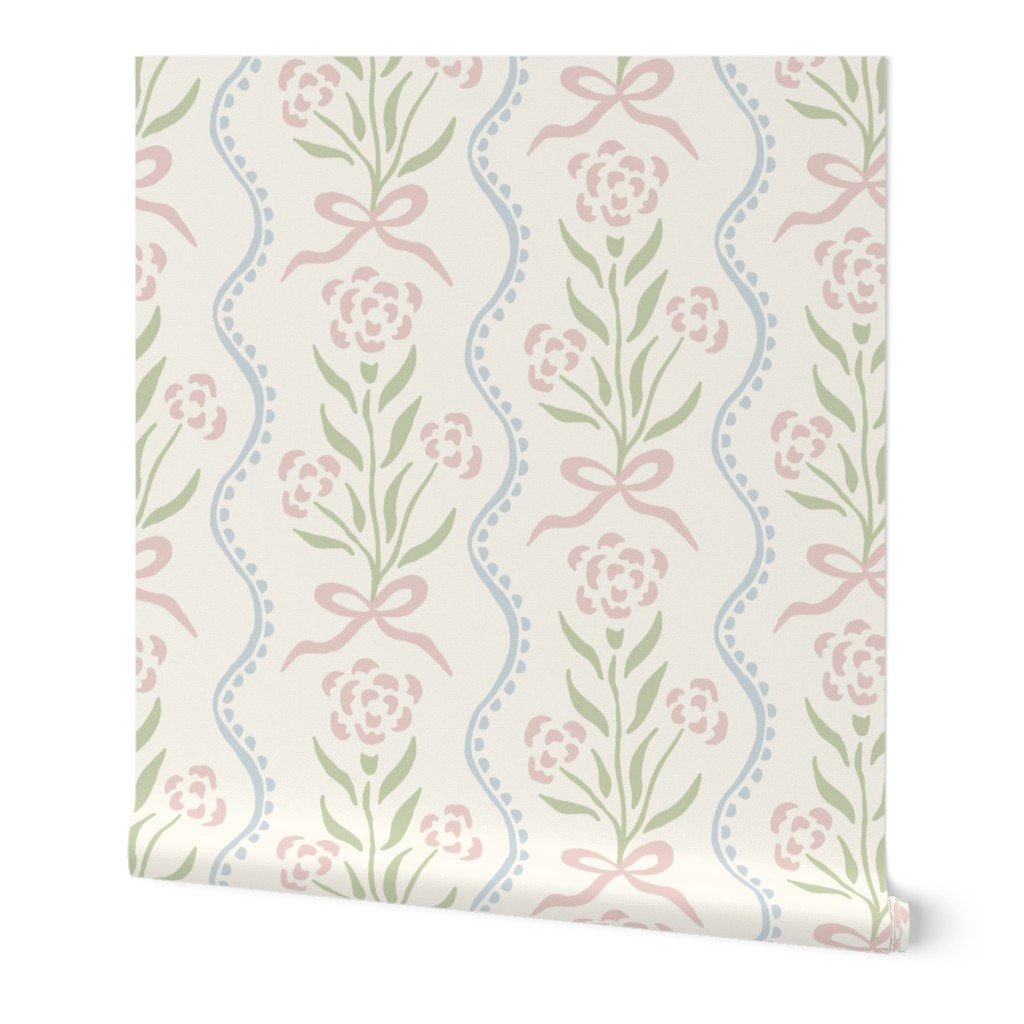 Wallpaper in Marigold preppy grandmillennial floral wavy stripe bows pink blue green | Spoonflower