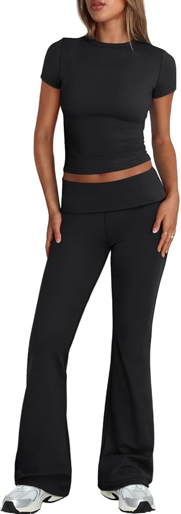 Trendy Queen Lounge Sets For Women 2 Piece Casual Y2K Outfits Short Sleeve Cropped Tops Fold Over... | Amazon (US)