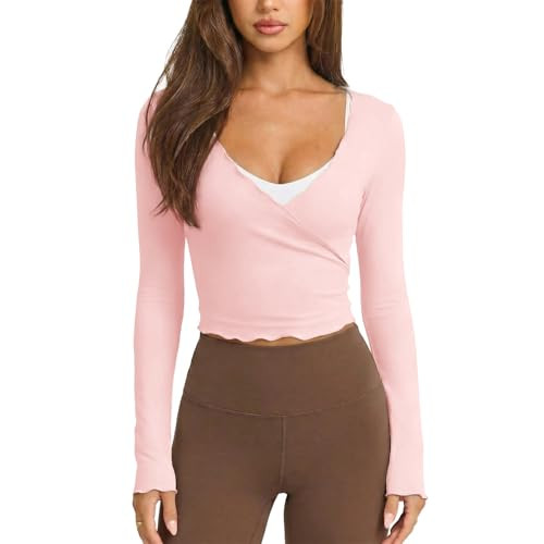 Womens Ballet Wrap Tops Cropped Long Sleeve Self Tie Front Shirt Y2K Workout Yoga Pilates Dance C... | Amazon (US)