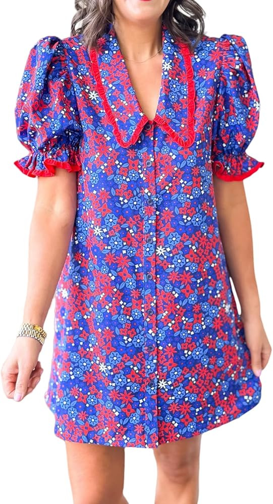 Women's Floral Puff Sleeve Babydoll Mini Dress V Neck Short Cap Sleeves Button Doll Collar Dresse... | Amazon (US)
