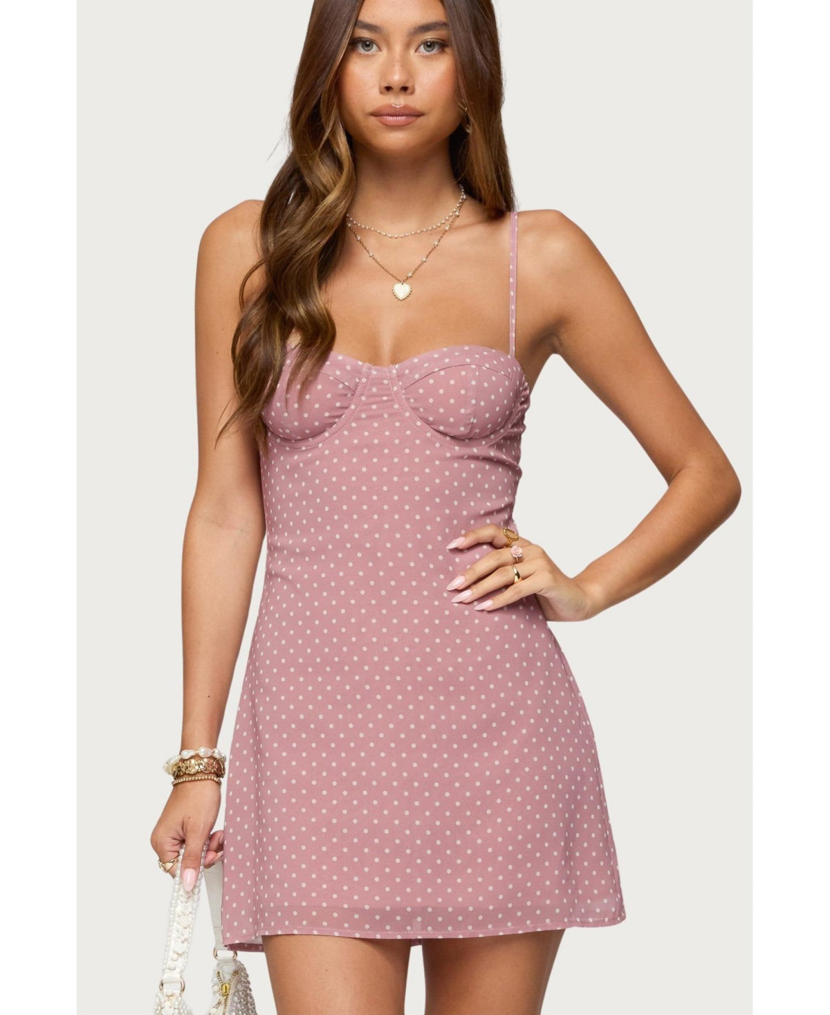 Edikted Womens Polka Dot Cupped Chiffon Mini Dress - Pink | Macy's