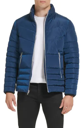 Kenneth Cole New York Faux Memory Full Zip Mixed Quilted Puffer Jacket in Marine at Nordstrom Rack, Size Small | Nordstrom Rack