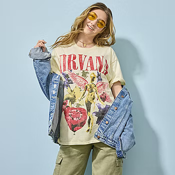 New World Juniors Nirvana Oversized Tee Womens Crew Neck Short Sleeve Graphic T-Shirt | JCPenney