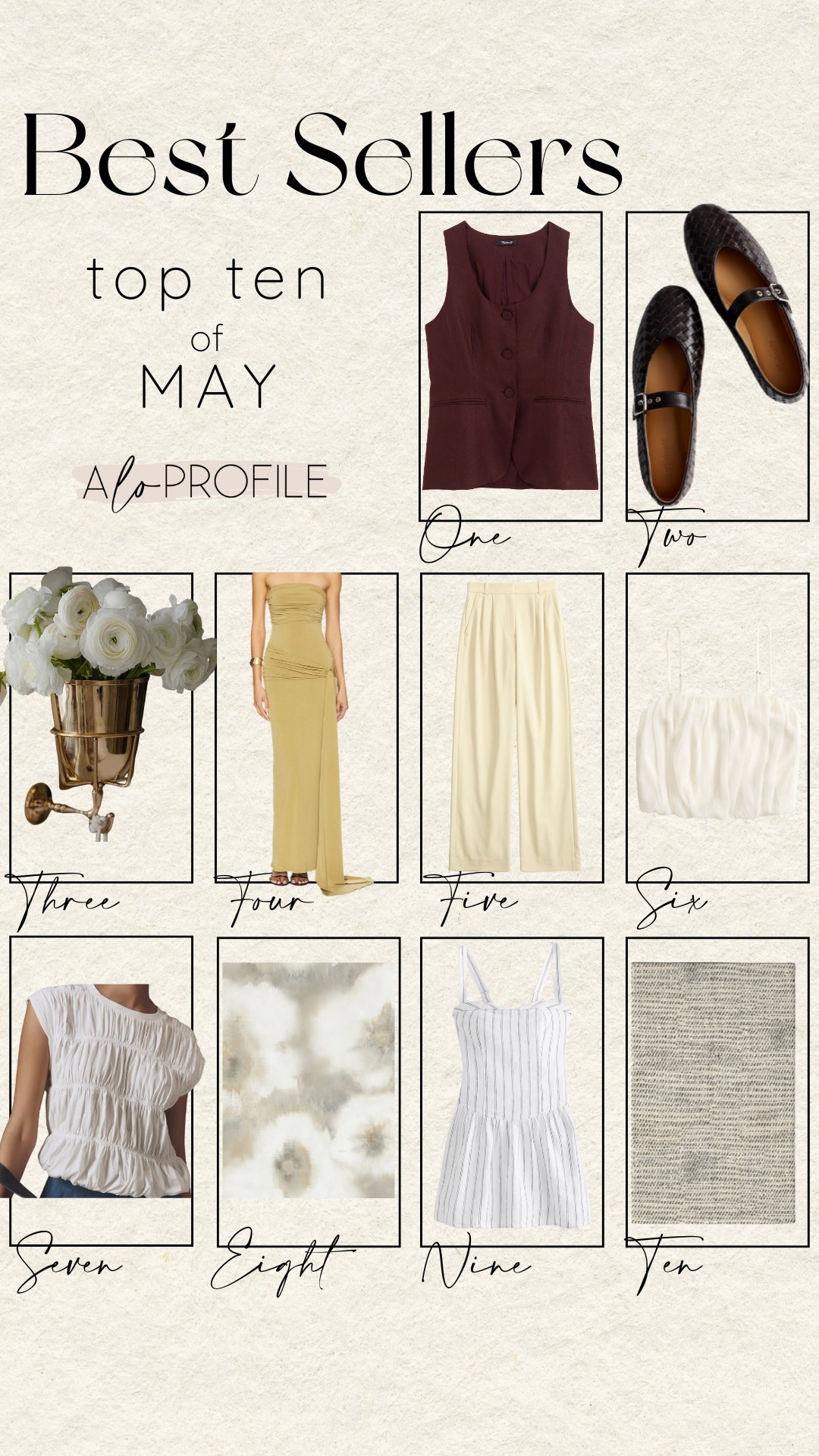 MAY BESTSELLERS ✨
1. Vest Top (size 2)
2. Mary Jane Flat (TTS)
3. Wall Vase *back in stock!*
4. Dress (size XS)
5. Trouser Pants (size 26)
6. Bubble Hem Top (size S)
7. Bubble Tee (size XS)
8. Wallpaper
9. Skort Dress (size S)
10. Family Room Rug