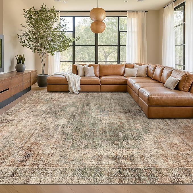 Vintage Distressed Medallion Rugs for Living Room - 9x12 Green and Brown Large Washable Rug for B... | Amazon (US)