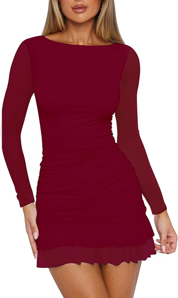 HOCILLE Women's Sexy Bodycon Boat Neck Mini Dresses Mesh Long Sleeve Ruched Ruffle Hem Club Party... | Amazon (US)