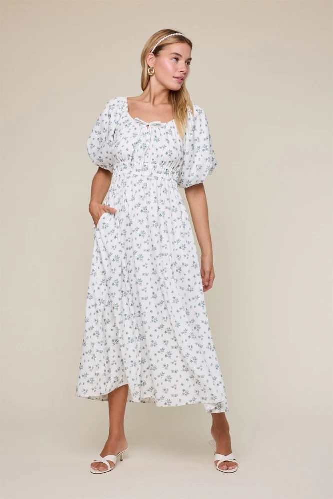 Ivory Floral Puff Sleeve Tie Front Midi Dress | PinkBlush Maternity