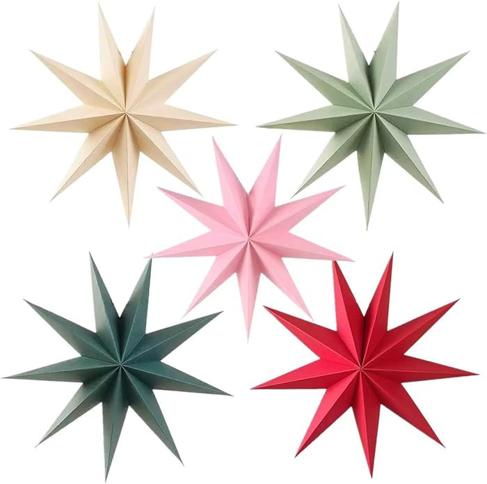 5Pcs 12 Inch Hanging Star Lanterns, Festive Mix Red Pink Green Beige Brown Paper 9-Pointed Stars ... | Amazon (US)