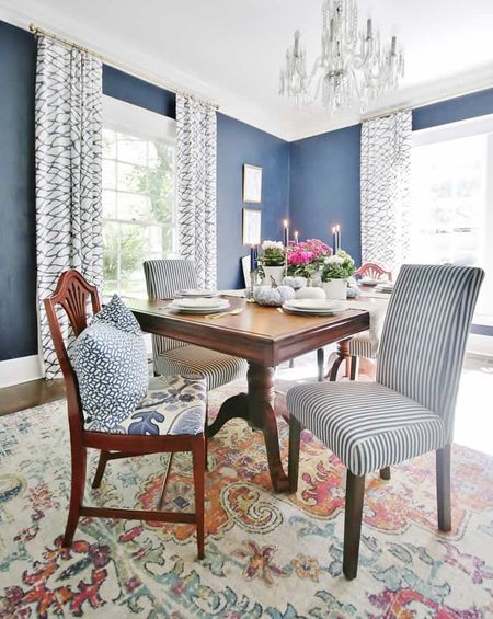 Fall dining room decor. Blue and white dining room with blue and white pumpkins and blue and white striped chairs and a colorful rug.

#LTKSeasonal #LTKhome #LTKunder100