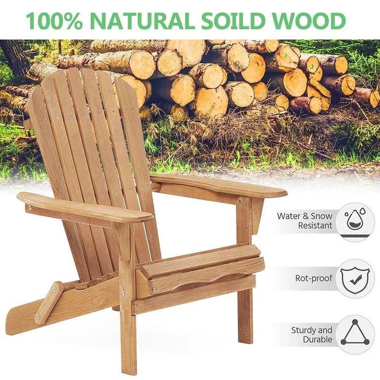 HQZX Foldable Wood Adirondack Chair Set of 2,Outdoor Accent Lounge Chair for Patio,Natural | Walmart (US)