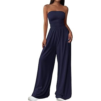 PRETTYGARDEN Womens Trendy Strapless Rompers 2026 Ruched Tube Top Wide Leg One Piece Jumpsuits Be... | Amazon (US)