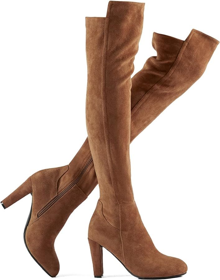 Shoe'N Tale Women Faux Suede Chunky Heel Stretch Over The Knee Thigh High Boots | Amazon (US)