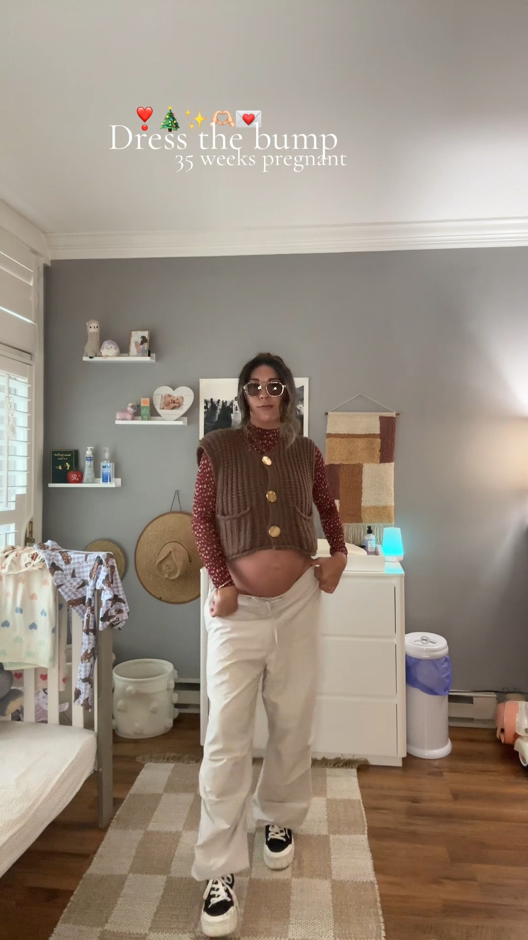 35 weeks pregnant ootd ❣️🎄💌✨

— pants are from an action a day / parachute pants in size large in the off white 

— sunnies I bought last year from
Anthro so tagging similar styles I have that I love 

— shoes I bought off whatnot 

#LTKBump #LTKHoliday #LTKSeasonal