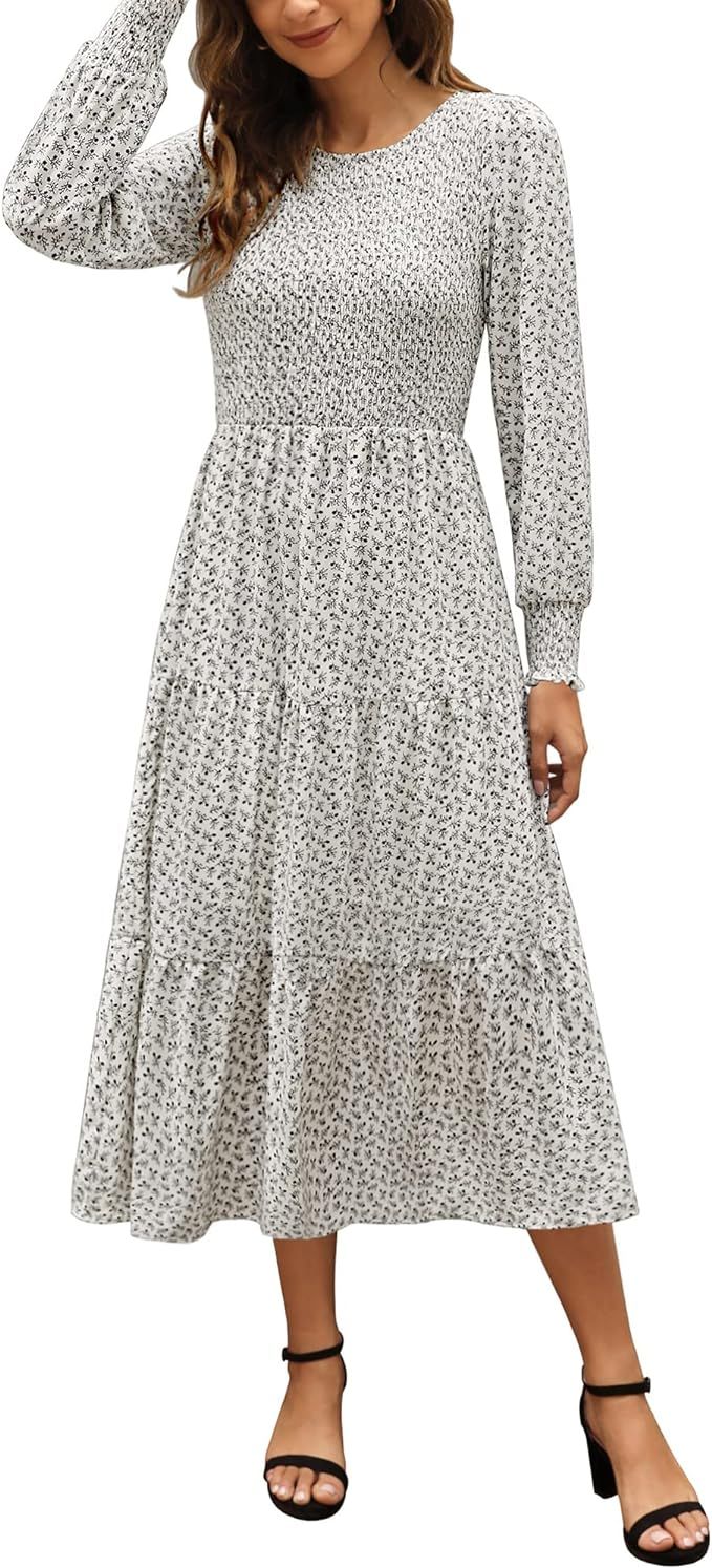 Zattcas Women Long Sleeve Smocked Bodice and Cuffs Boho Tiered Floral Midi Dress with Pockets | Amazon (US)