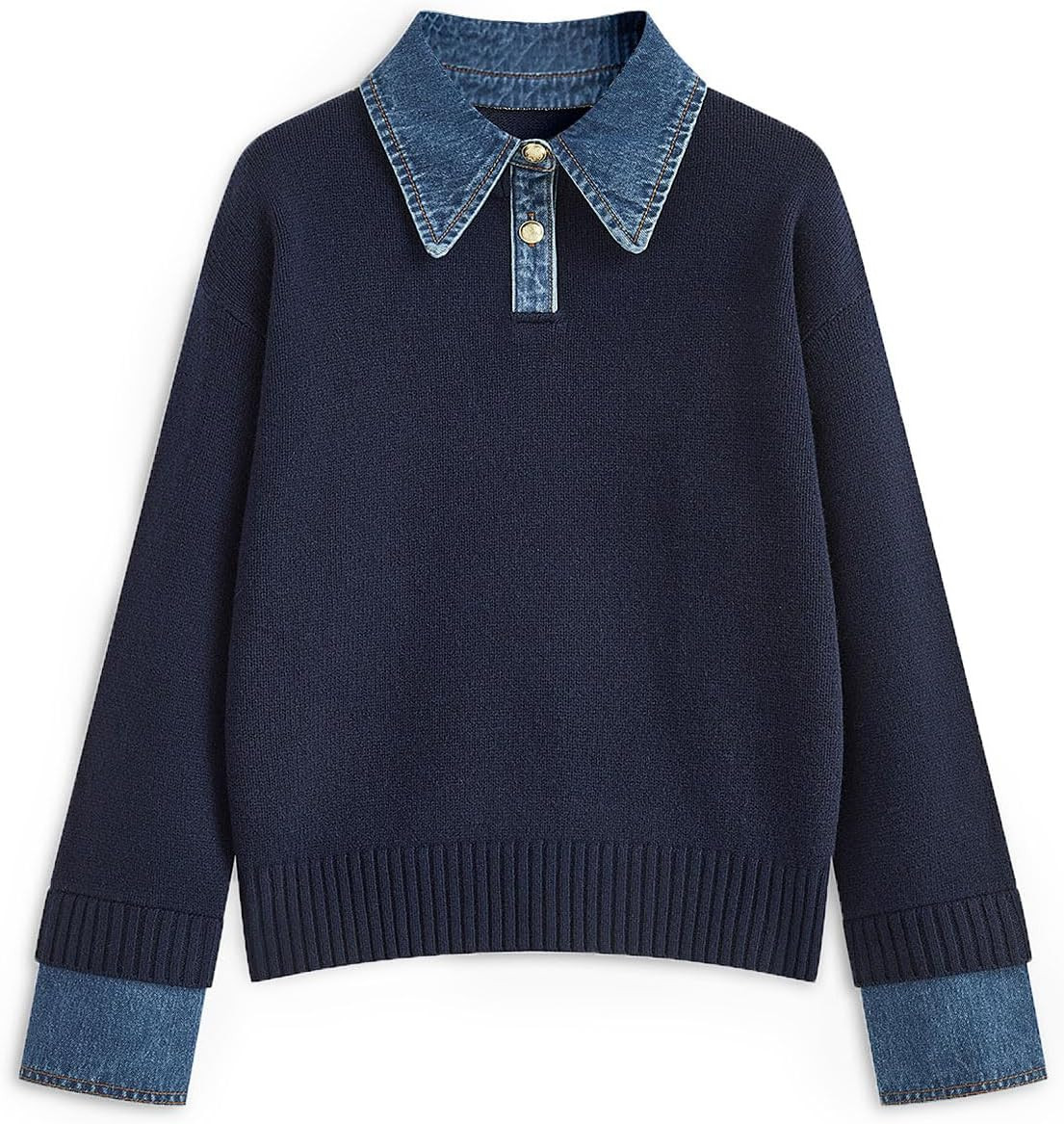 Womens Oversized Sweater Cozy Fall Denim Lapel Polo Knit Collared Sweaters | Amazon (US)