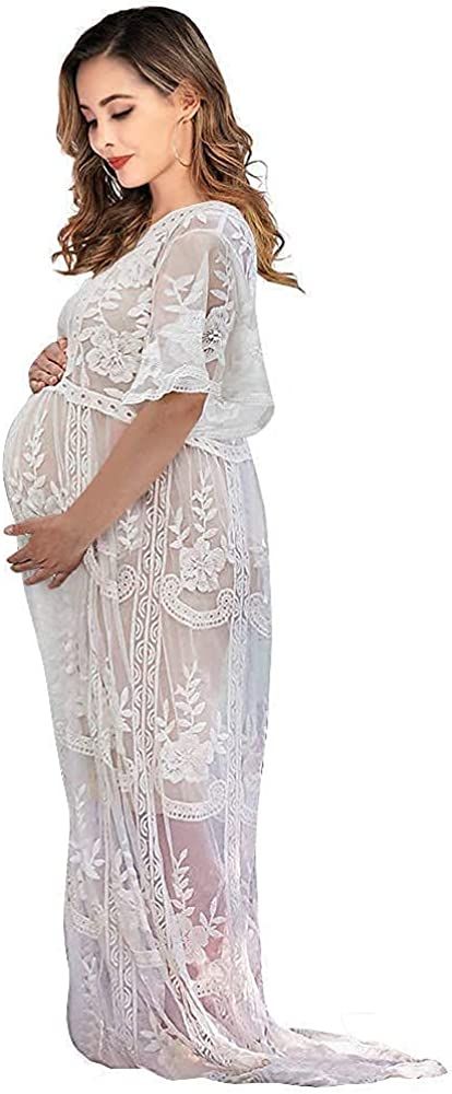 Women's Long Sleeve V Neck White Lace Floral Maternity Gown Maxi Photography Dress | Amazon (US)